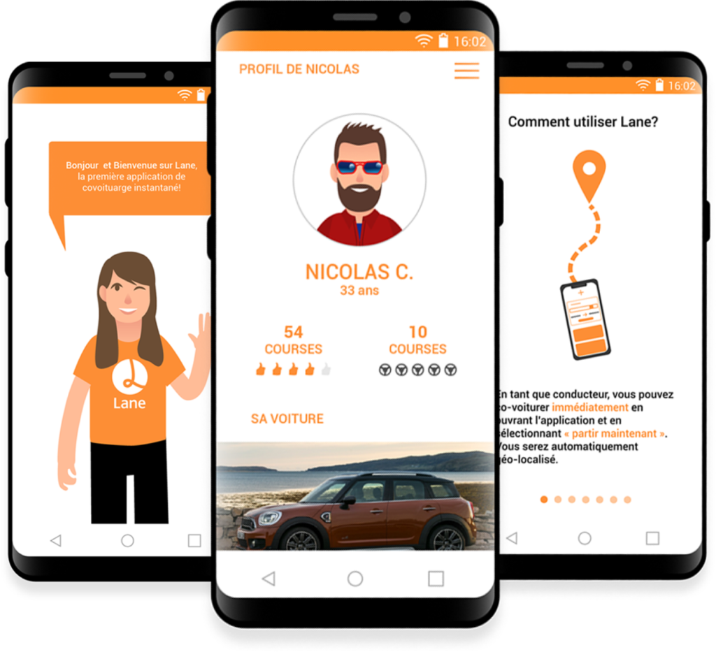 3 écrans de présentation de l'application de co-voiturage instantané : lane